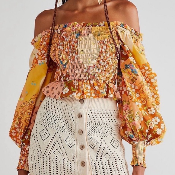 Spell x Free People Freda Shirred XS Yellow Organic Cotton Patchwork Smocked Top - Picture 12 of 16